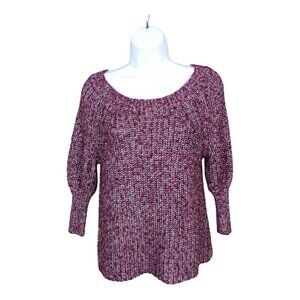 Alice & Olivia Scoop Neck Wine/Silver 3/4 Sleeve Chunky Knit Sweater XS #724